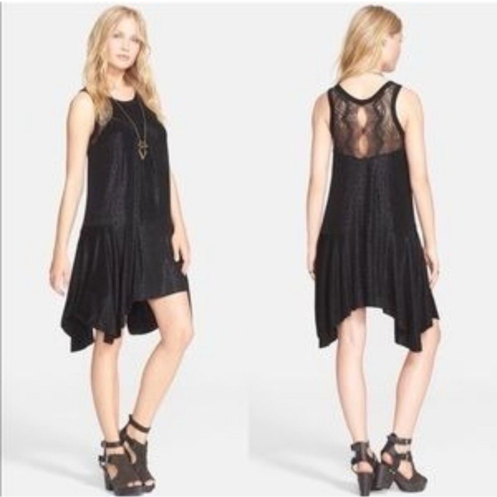 NWT‎ Free People Make It Count Jersey Swing Dress Size Small Black Dot Lace Goth